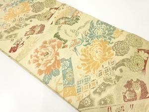 アンティーク　絵巻に鶴・菊模様織出し丸帯（材料）